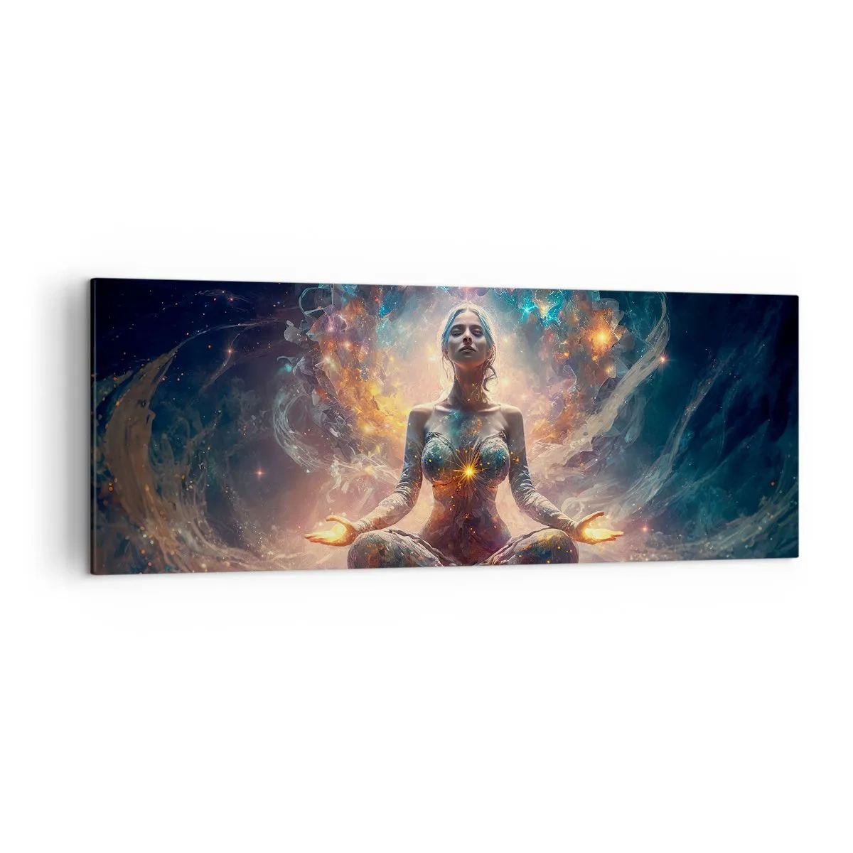 Cuadro sobre lienzo - Impresión de Imagen - Una figura meditando rodeada de patrones y colores energéticos. - 140x50cm - Flujo de buena energía - Decoración de pared moderna para salón y dormitorio ARTTOR
