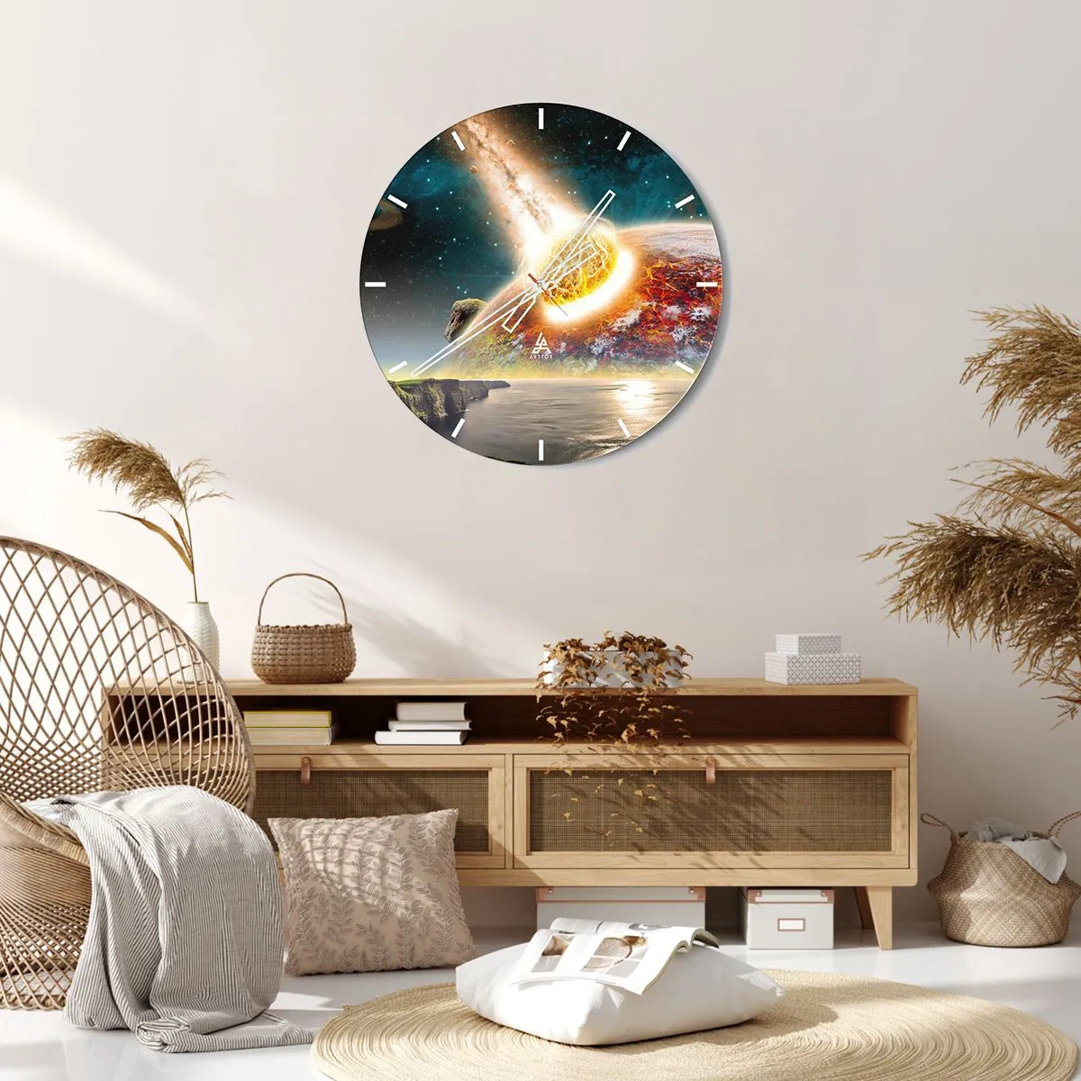 Reloj de pared - Reloj de vidrio - Colisión de un asteroide con la Tierra en el fondo cósmico - 30x30cm - Drama cósmico - Decoración de pared moderna para salón, cocina y dormitorio ARTTOR