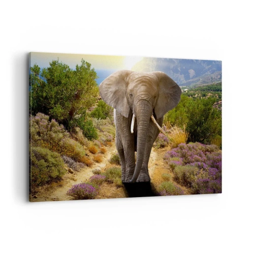 Cuadro sobre lienzo - Impresión de Imagen - Un elefante africano frente a un paisaje de sabana y montaña. - 120x80cm - Este es el aspecto del Edén - Decoración de pared moderna para salón y dormitorio ARTTOR