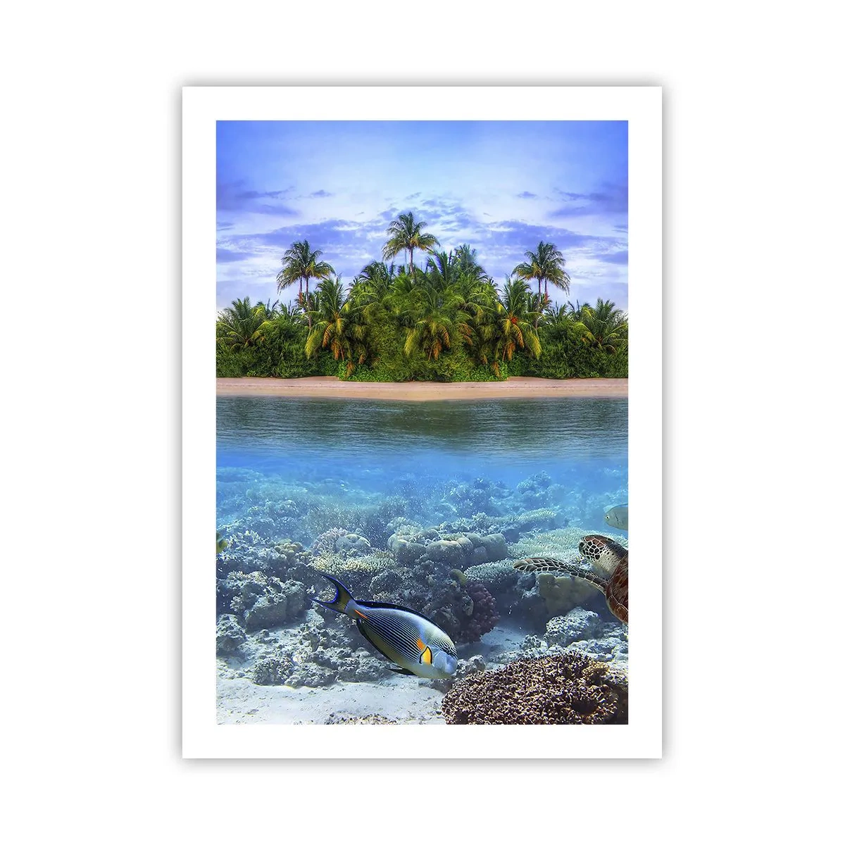 Póster - Una isla tropical con un arrecife de coral y peces exóticos. - 50x70cm - Una isla paradisíaca te invita - Decoración de pared moderna para salón y dormitorio ARTTOR