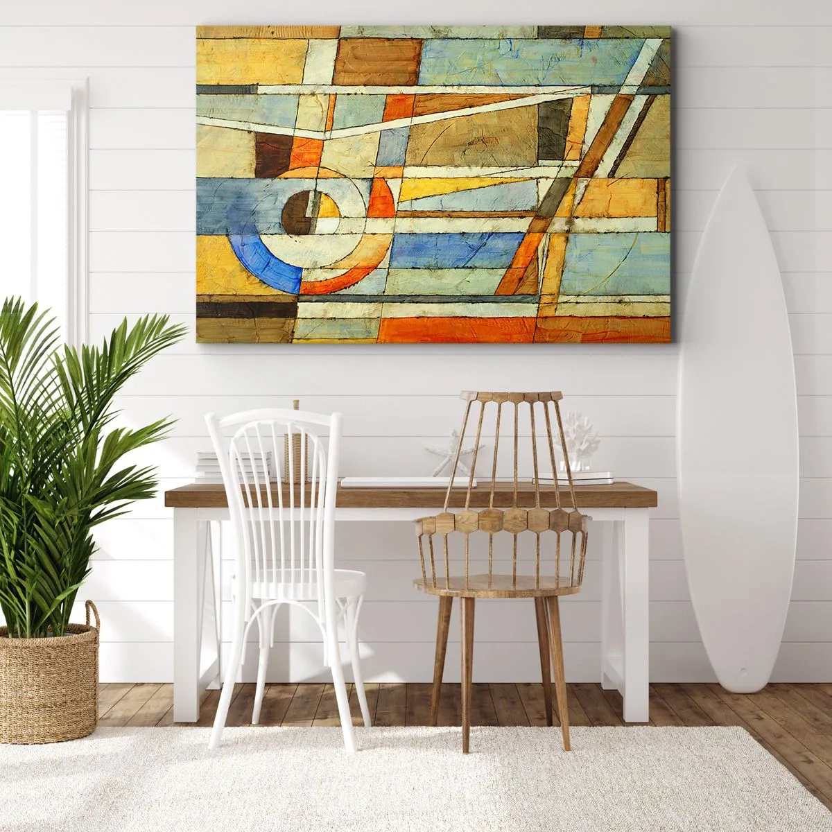 Cuadro sobre lienzo - Impresión de Imagen - Abstracción geométrica en tonos beige, azul y naranja. - 70x50cm - Cubismo en una obra - Decoración de pared moderna para salón y dormitorio ARTTOR