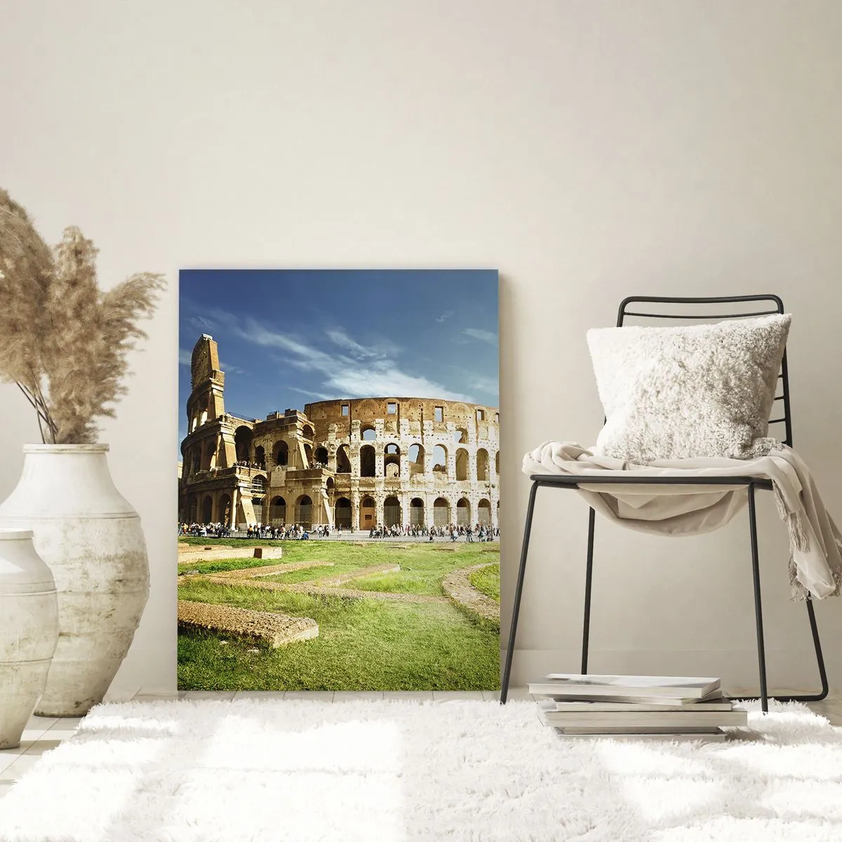 Cuadro sobre vidrio - Impresiones sobre Vidrio - El Coliseo de Roma rodeado de vegetación y cielo azul. - 70x100cm - Todavía se oye el sonido de las armas - Decoración de pared moderna para salón y dormitorio ARTTOR