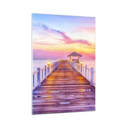 Cuadro sobre vidrio - Impresiones sobre Vidrio - Muelle de madera al atardecer en un mar en calma - 50x70cm - El silencio lila-dorado de la tarde - Decoración de pared moderna para salón y dormitorio ARTTOR