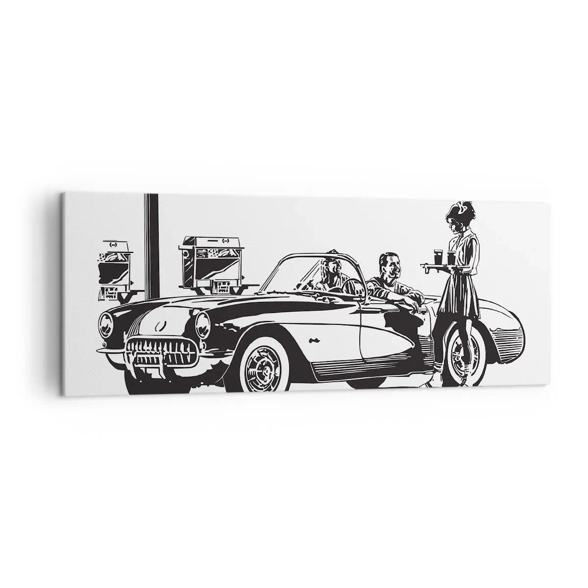 Cuadro sobre lienzo - Impresión de Imagen - Una escena retro en blanco y negro con un coche y una camarera en patines. - 140x50cm - Años 60 - la América despreocupada - Decoración de pared moderna para salón y dormitorio ARTTOR