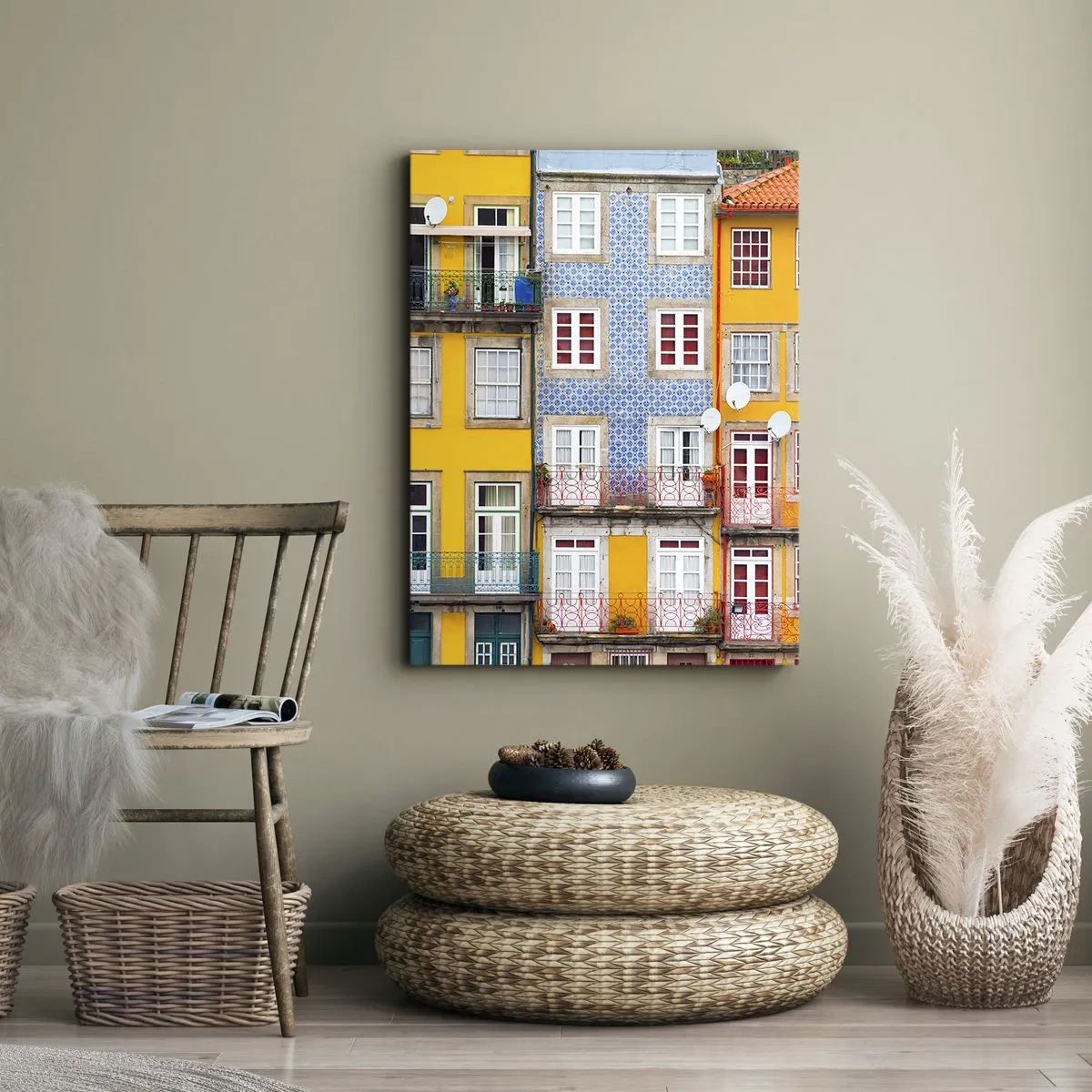 Cuadro sobre lienzo - Impresión de Imagen - Fachadas coloridas de casas de vecindad en el paisaje urbano - 80x120cm - Los colores de la ciudad vieja - Decoración de pared moderna para salón y dormitorio ARTTOR