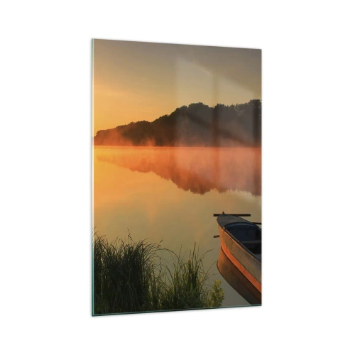 Cuadro sobre vidrio - Impresiones sobre Vidrio - Niebla matutina sobre el río con un barco bajo los rayos del sol. - 70x100cm - Amanecer sobre el agua como la superficie de un espejo - Decoración de pared moderna para salón y dormitorio ARTTOR
