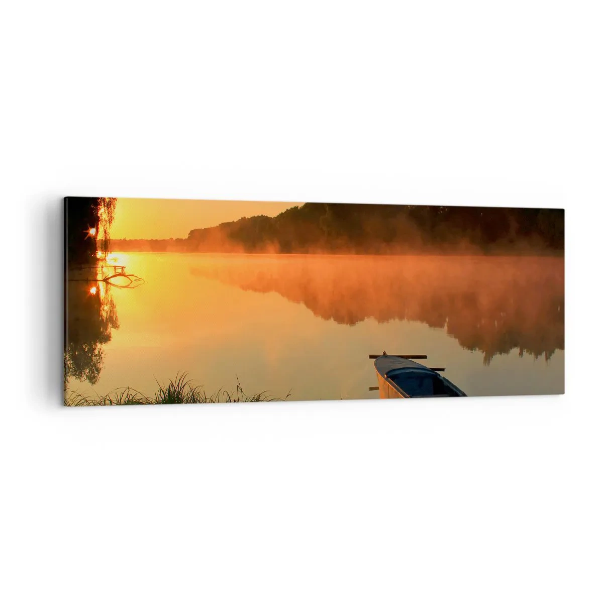 Cuadro sobre lienzo - Impresión de Imagen - Niebla matutina sobre el río con un barco bajo los rayos del sol. - 140x50cm - Amanecer sobre el agua como la superficie de un espejo - Decoración de pared moderna para salón y dormitorio ARTTOR