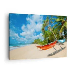 Cuadro sobre lienzo - Impresión de Imagen - Playa tropical con palmeras y barcos coloridos. - 70x50cm - El encanto de los trópicos - Decoración de pared moderna para salón y dormitorio ARTTOR