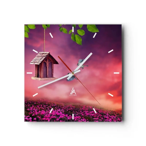 Reloj de pared - Reloj de vidrio - Un paisaje pintoresco con una casa para pájaros y una puesta de sol. - 30x30cm - Invitación a una cena - Decoración de pared moderna para salón y dormitorio ARTTOR