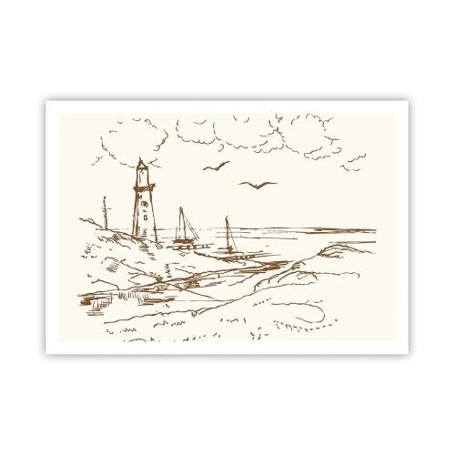 Póster - Boceto de un faro con vistas al mar - 100x70cm - Un esbozo de un recuerdo de verano - Decoración de pared moderna para salón y dormitorio ARTTOR