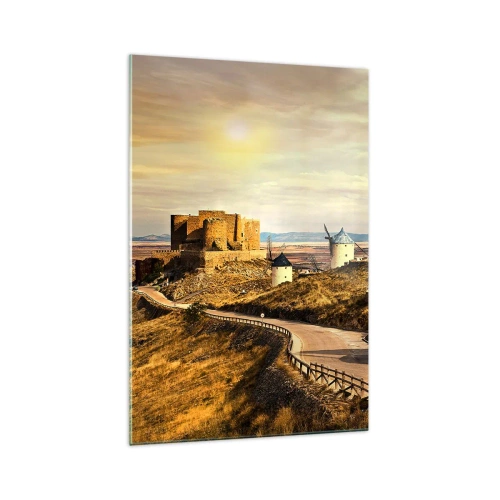 Cuadro sobre vidrio - Impresiones sobre Vidrio - Molinos de viento en las colinas con un castillo histórico al fondo - 70x100cm - Don Quijote los vio - Decoración de pared moderna para salón y dormitorio ARTTOR