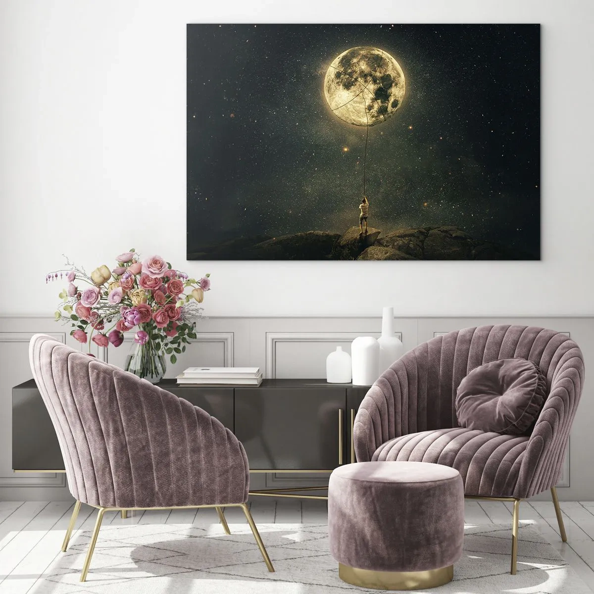 Cuadro sobre vidrio - Impresiones sobre Vidrio - Una figura en una roca sosteniendo la luna, que está atrapada en una cuerda. - 120x80cm - El que robó la luna - Decoración de pared moderna para salón y dormitorio ARTTOR