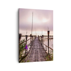 Cuadro sobre lienzo - Impresión de Imagen - Puente de bambú sobre el agua al amanecer - 50x70cm - La tranquilidad de Asia - Decoración de pared moderna para salón y dormitorio ARTTOR