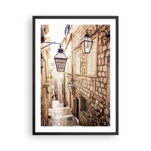 Póster en marco negro - Una encantadora calle de piedra con faroles y escaleras. - 50x70cm - Un callejón encantador - Decoración de pared moderna para salón y dormitorio ARTTOR