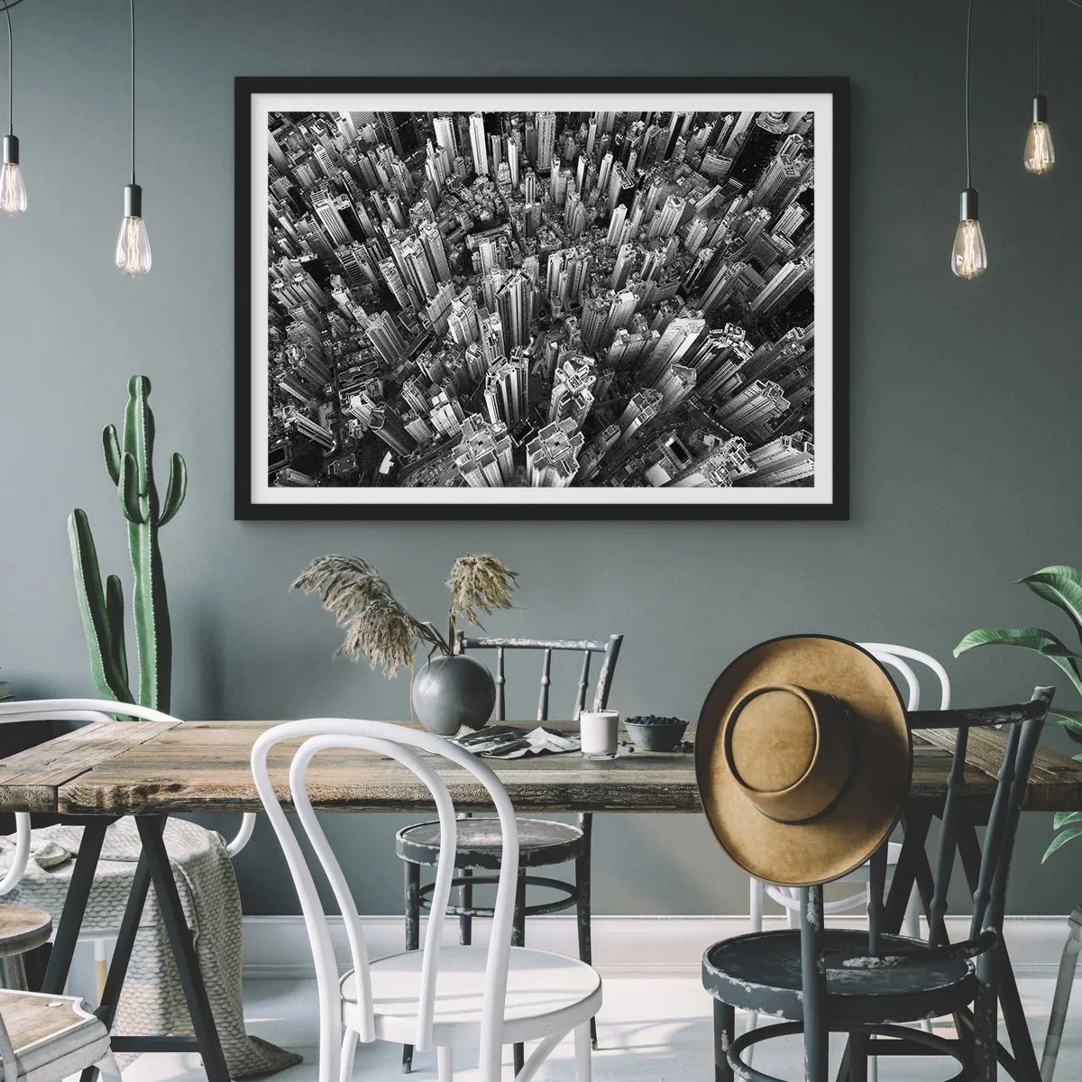 Póster en marco negro - Vista aérea de la ciudad en blanco y negro - 100x70cm - Cada vez más alto - Decoración de pared moderna para salón y dormitorio ARTTOR