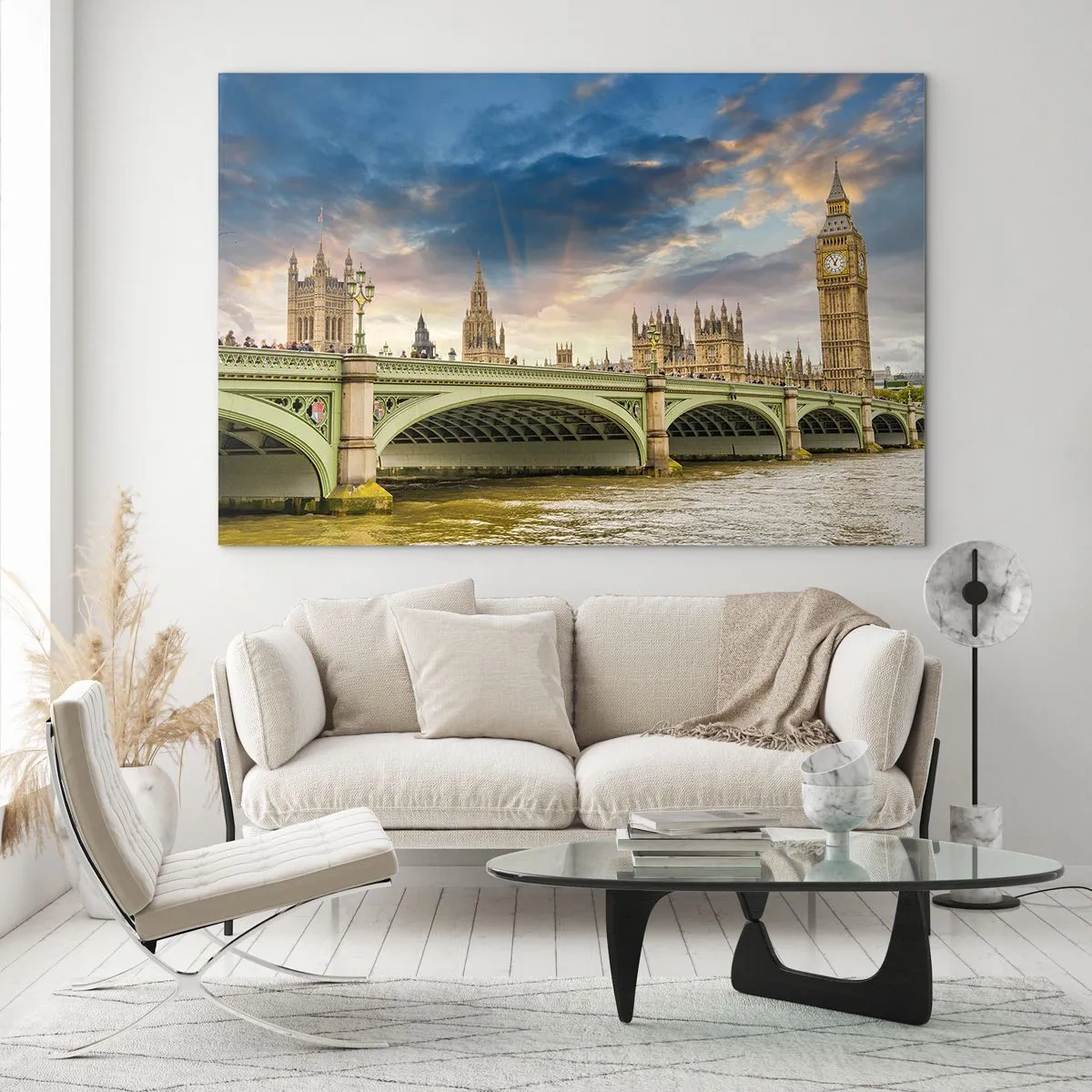 Cuadro sobre vidrio - Impresiones sobre Vidrio - El Big Ben y el puente de Westminster al atardecer - 120x80cm - El tiempo se detuvo en el Imperio - Decoración de pared moderna para salón y dormitorio ARTTOR