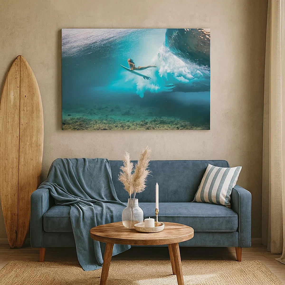 Cuadro sobre lienzo - Impresión de Imagen - Surfista bajo una ola en el agua azul del océano - 70x50cm - Mundo submarino - Decoración de pared moderna para salón y dormitorio ARTTOR