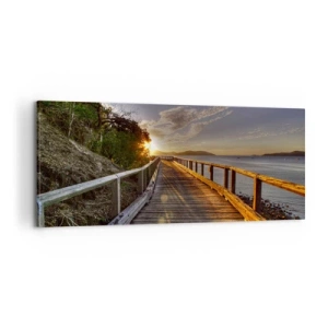 Cuadro sobre lienzo - Impresión de Imagen - Un embarcadero de madera conduce hacia la puesta de sol sobre el agua. - 120x50cm - Camina, sigue caminando hacia el sol - Decoración de pared moderna para salón y dormitorio ARTTOR