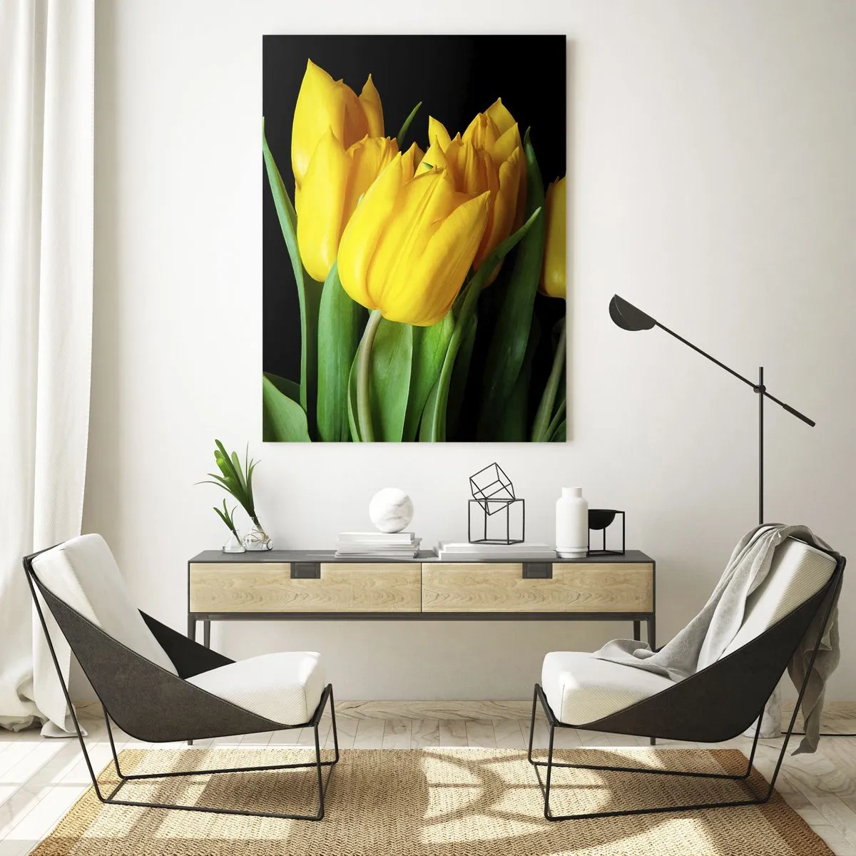 Cuadro sobre vidrio - Impresiones sobre Vidrio - Tulipanes amarillos sobre un fondo negro en una toma elegante. - 50x70cm - Resucitado de puro sol - Decoración de pared moderna para salón y dormitorio ARTTOR