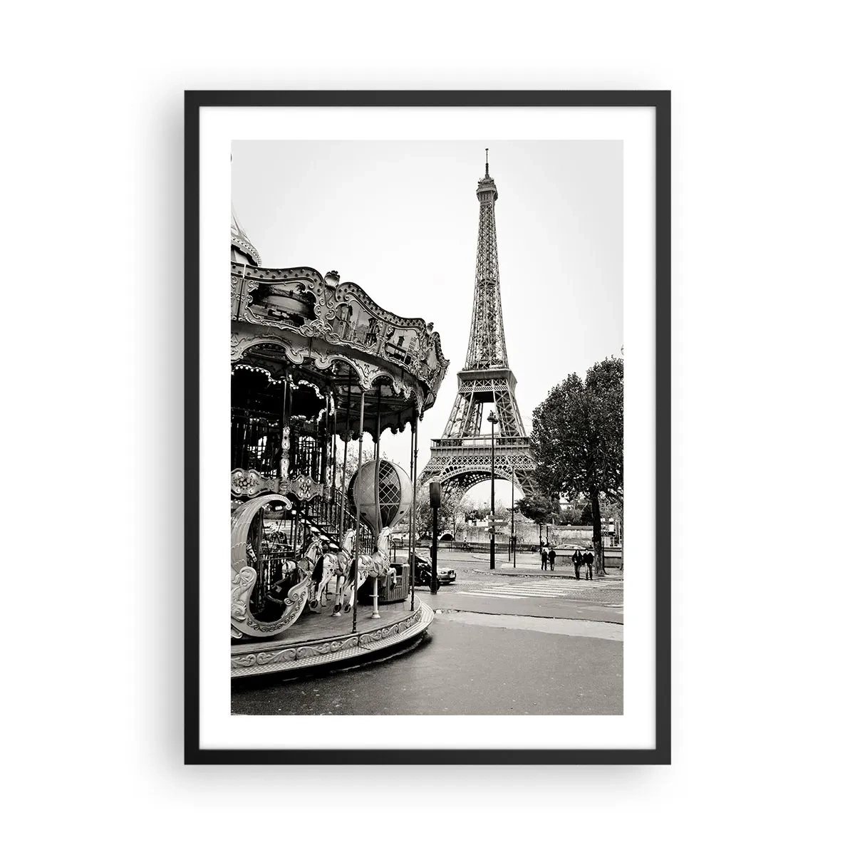 Póster en marco negro - Fotografía en blanco y negro del carrusel y la torre al fondo. - 50x70cm - Tal diversión solo en París - Decoración de pared moderna para salón y dormitorio ARTTOR