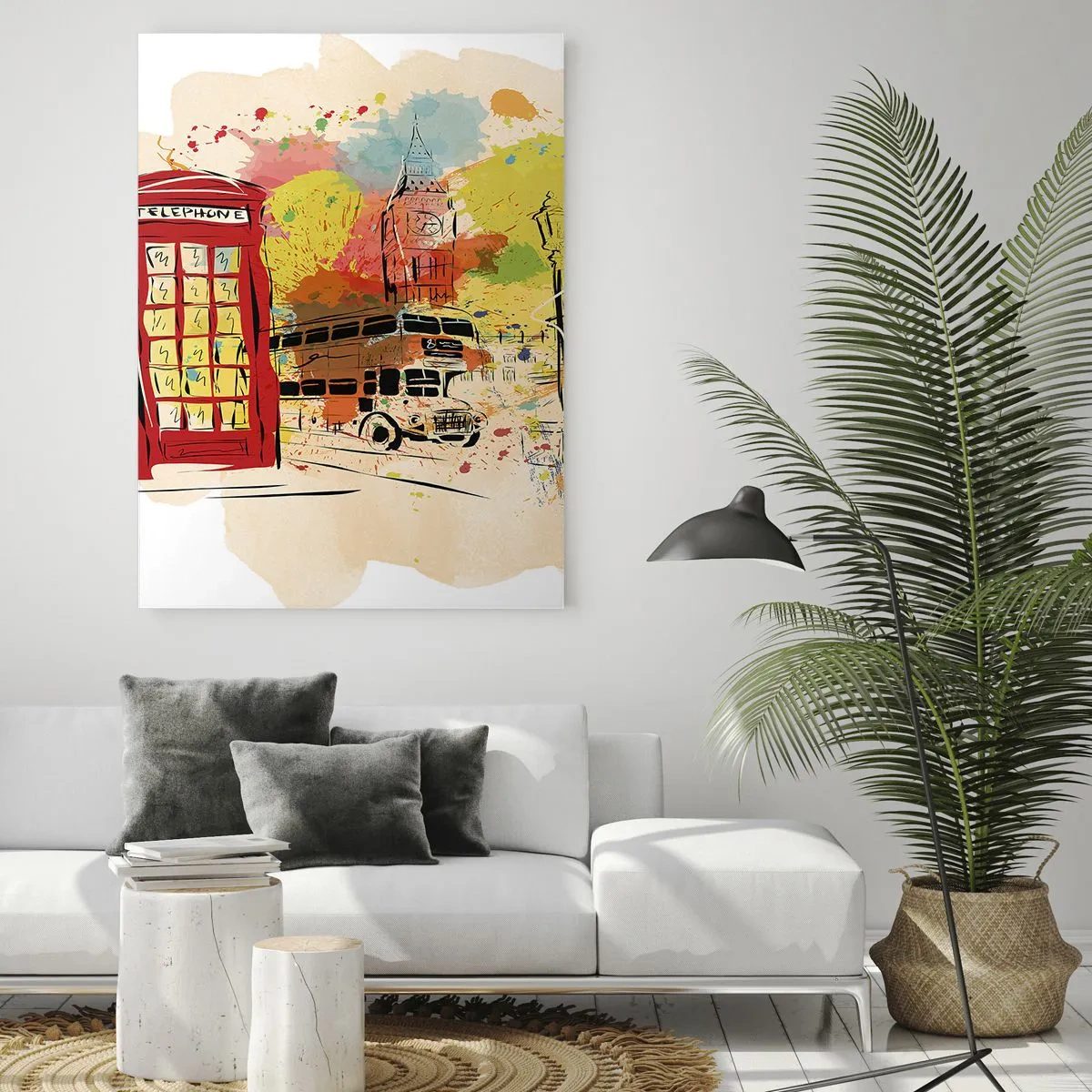 Cuadro sobre vidrio - Impresiones sobre Vidrio - Una cabina telefónica roja, un autobús de dos pisos y el Big Ben - 50x70cm - Una ciudad de la diversidad - Decoración de pared moderna para salón y dormitorio ARTTOR