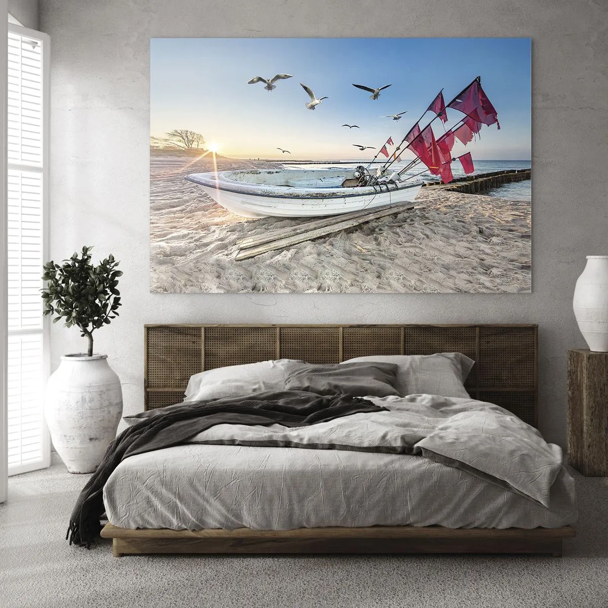 Cuadro sobre vidrio - Impresiones sobre Vidrio - Barco de pesca en la playa al amanecer - 70x50cm - Un merecido descanso - Decoración de pared moderna para salón y dormitorio ARTTOR