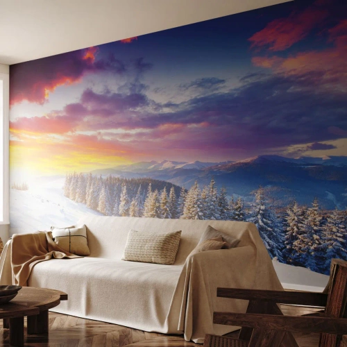 Fotomural Premium Sand - Paisaje de montaña invernal al atardecer - 100x70cm - Día blanco - Decoración de pared moderna para salón y dormitorio ARTTOR