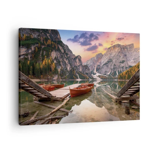 Cuadro sobre lienzo - Impresión de Imagen - Lago de montaña con barcos al atardecer - 70x50cm - Espejo entre montañas - Decoración de pared moderna para salón y dormitorio ARTTOR