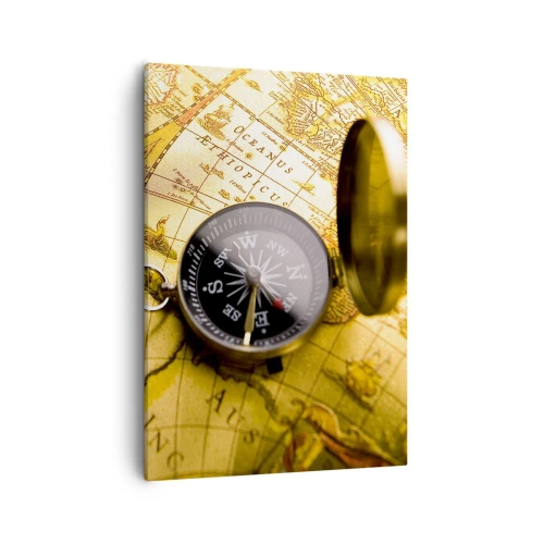 Cuadro sobre lienzo - Impresión de Imagen - Una brújula antigua sobre el fondo de un mapa del viejo mundo. - 50x70cm - ¿Hasta el fin del mundo? - Decoración de pared moderna para salón y dormitorio ARTTOR