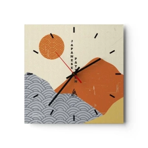 Reloj de pared - Reloj de vidrio - Patrones japoneses con montañas, sol y estilo minimalista. - 30x30cm - En el espíritu japonés - Decoración de pared moderna para salón y dormitorio ARTTOR