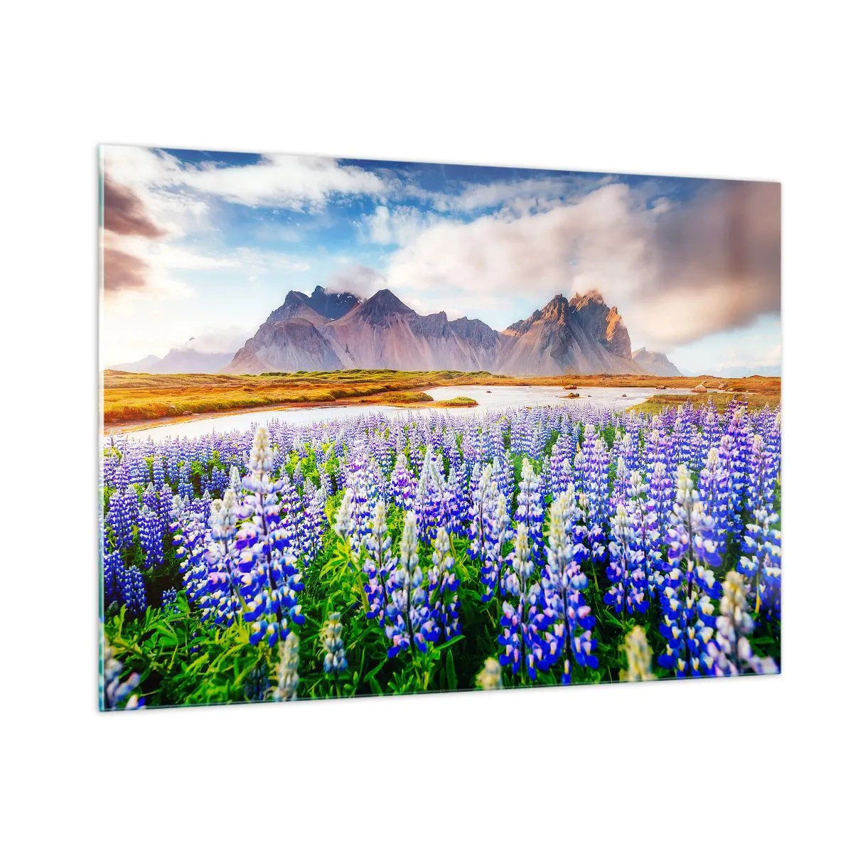 Cuadro sobre vidrio - Impresiones sobre Vidrio - Un paisaje de montaña con un prado florido y picos majestuosos. - 100x70cm - La fuerza y la severidad junto a la dulzura - Decoración de pared moderna para salón y dormitorio ARTTOR