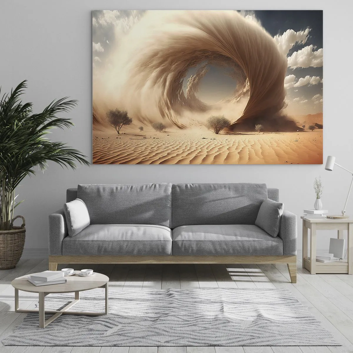 Cuadro sobre vidrio - Impresiones sobre Vidrio - Un vórtice de arena del desierto crea un portal desde el cielo y las dunas. - 70x50cm - Portal abierto - Decoración de pared moderna para salón y dormitorio ARTTOR