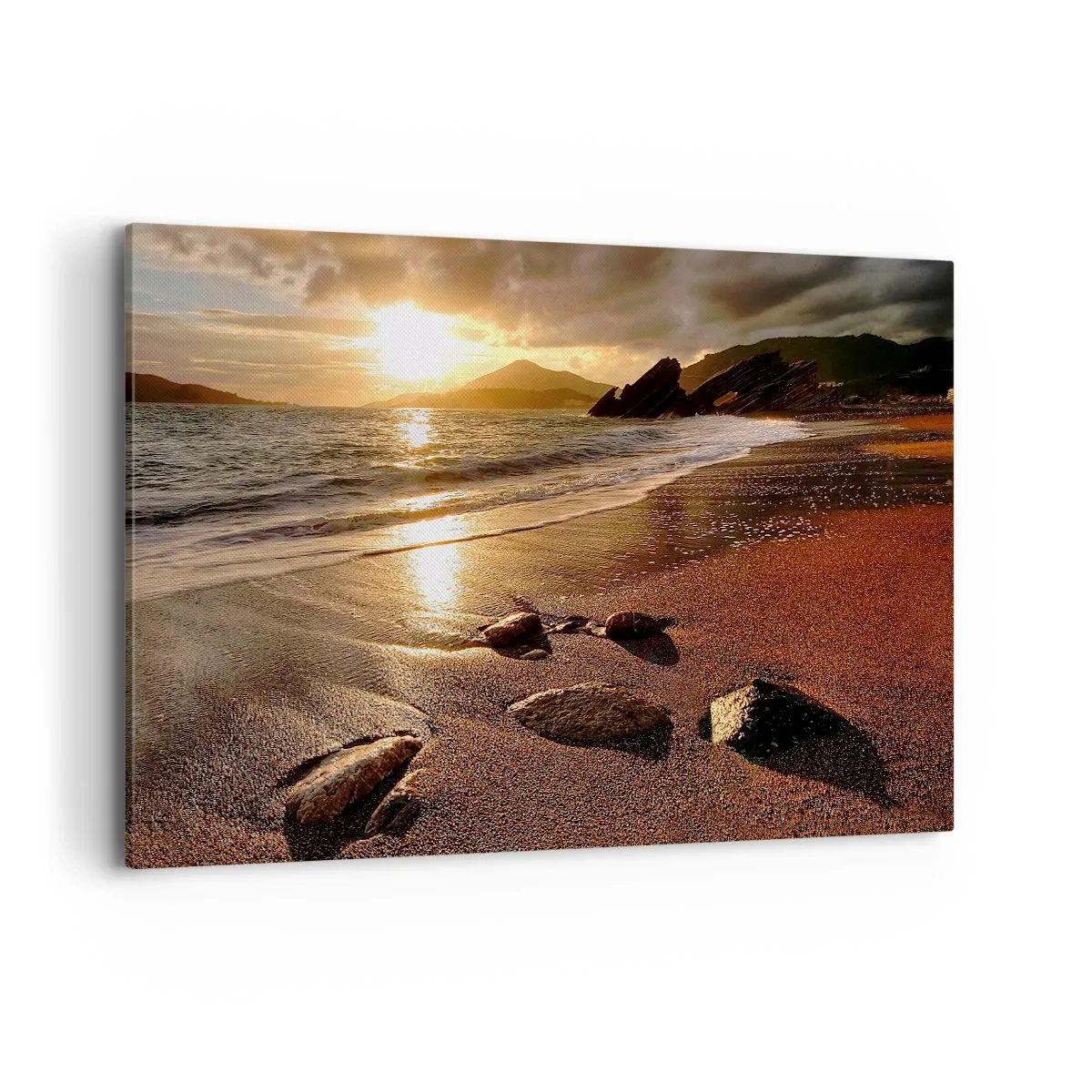 Cuadro sobre lienzo - Impresión de Imagen - Playa al atardecer con piedras en la orilla - 120x80cm - Sigue el sol hacia las colinas - Decoración de pared moderna para salón y dormitorio ARTTOR