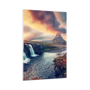 Cuadro sobre vidrio - Impresiones sobre Vidrio - Vista de la cascada y la montaña a la luz del sol poniente. - 80x120cm - En la majestuosidad de la naturaleza - Decoración de pared moderna para salón y dormitorio ARTTOR
