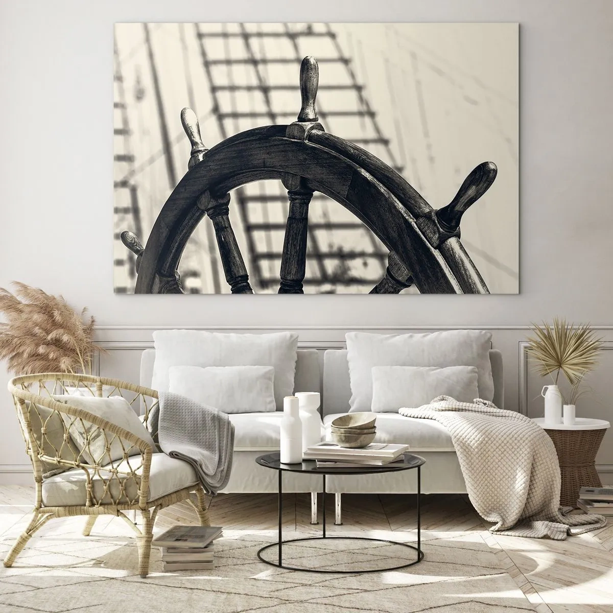 Cuadro sobre vidrio - Impresiones sobre Vidrio - Timón de barco náutico en blanco y negro - 70x50cm - Un cuento marino - Decoración de pared moderna para salón y dormitorio ARTTOR