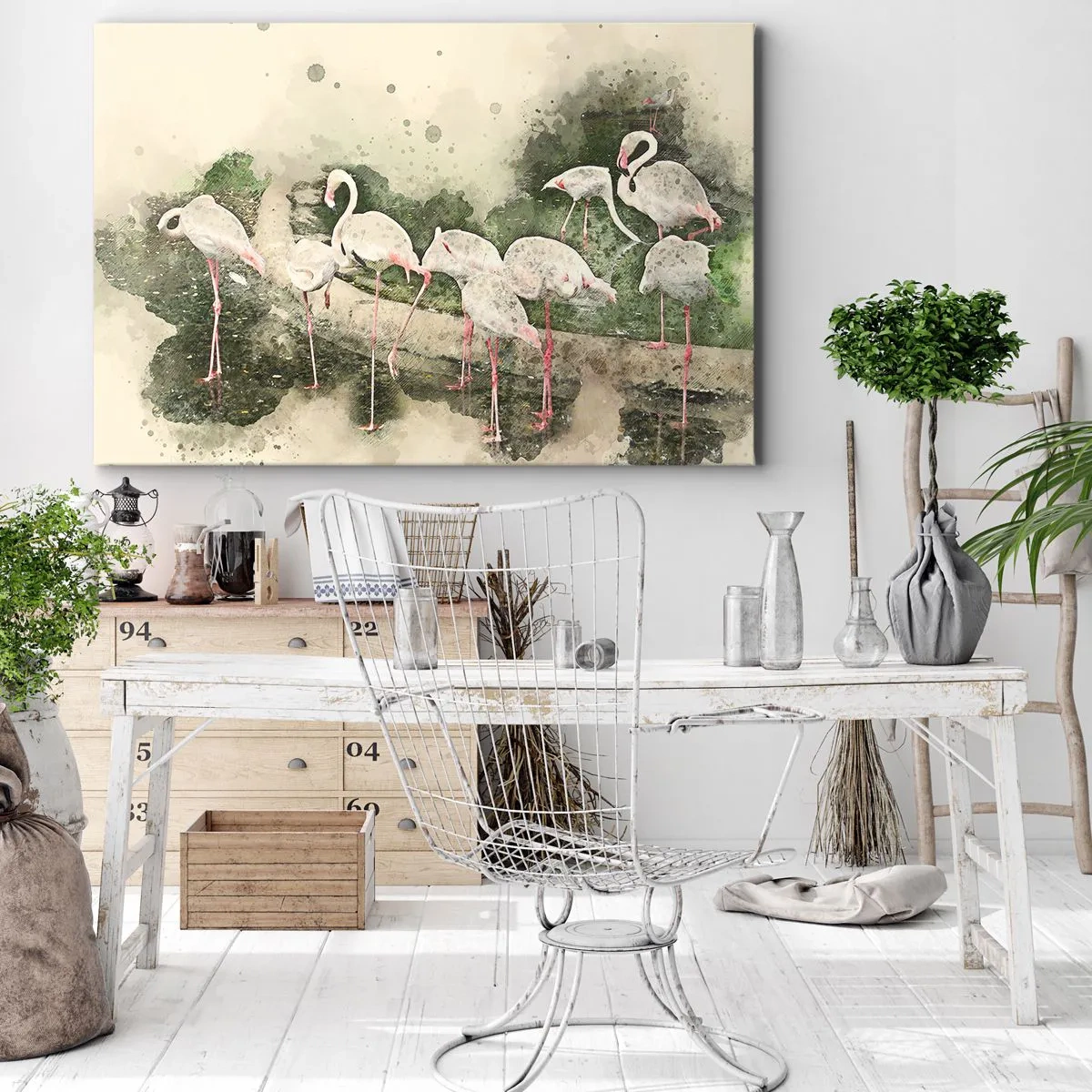 Cuadro sobre lienzo - Impresión de Imagen - Flamencos en su entorno natural en estilo acuarela. - 70x50cm - Un sueño exótico - Decoración de pared moderna para salón y dormitorio ARTTOR