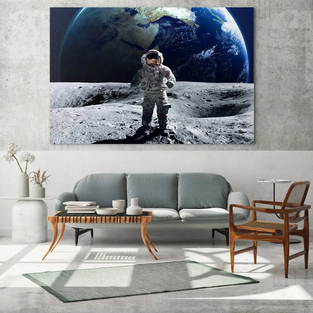Cuadro sobre vidrio - Impresiones sobre Vidrio - Astronauta en la superficie de la Luna con la Tierra al fondo - 70x50cm - Saludos desde la Luna - Decoración de pared moderna para salón y dormitorio ARTTOR