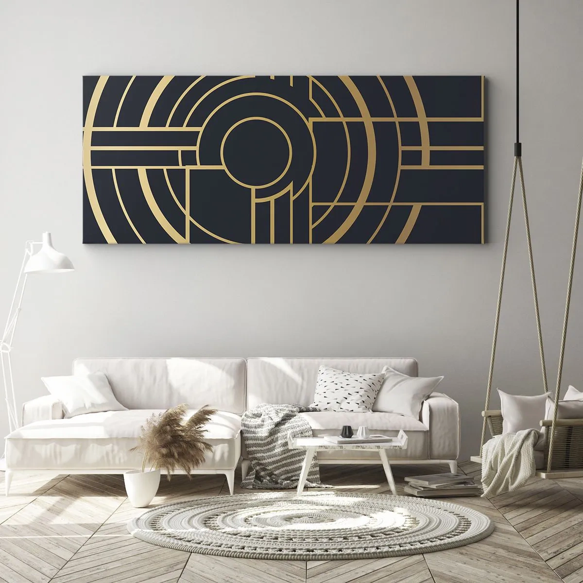 Cuadro sobre lienzo - Impresión de Imagen - Patrón geométrico con líneas doradas. - 120x50cm - Giro de los elementos - Decoración de pared moderna para salón y dormitorio ARTTOR