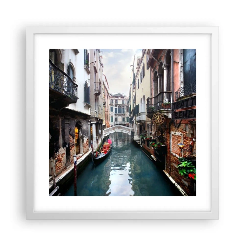 Póster en marco blanco - Paisaje veneciano con góndola y puente - 40x40 cm