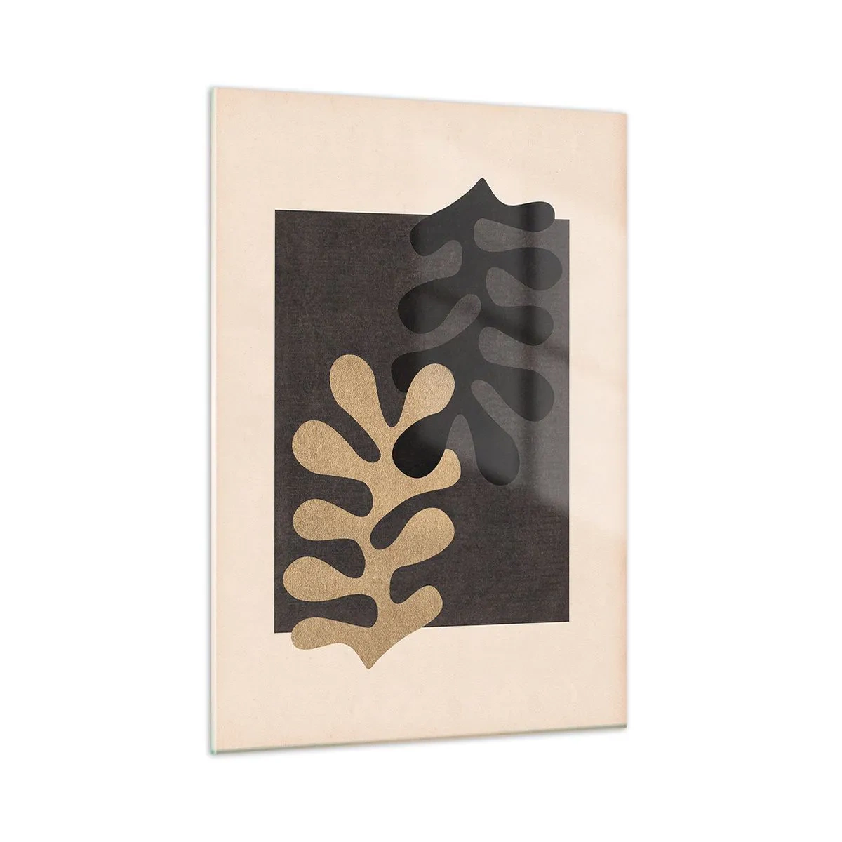 Cuadro sobre vidrio - Impresiones sobre Vidrio - Formas abstractas en negro y beige sobre un fondo geométrico. - 50x70cm - Ausencia y complemento - Decoración de pared moderna para salón y dormitorio ARTTOR