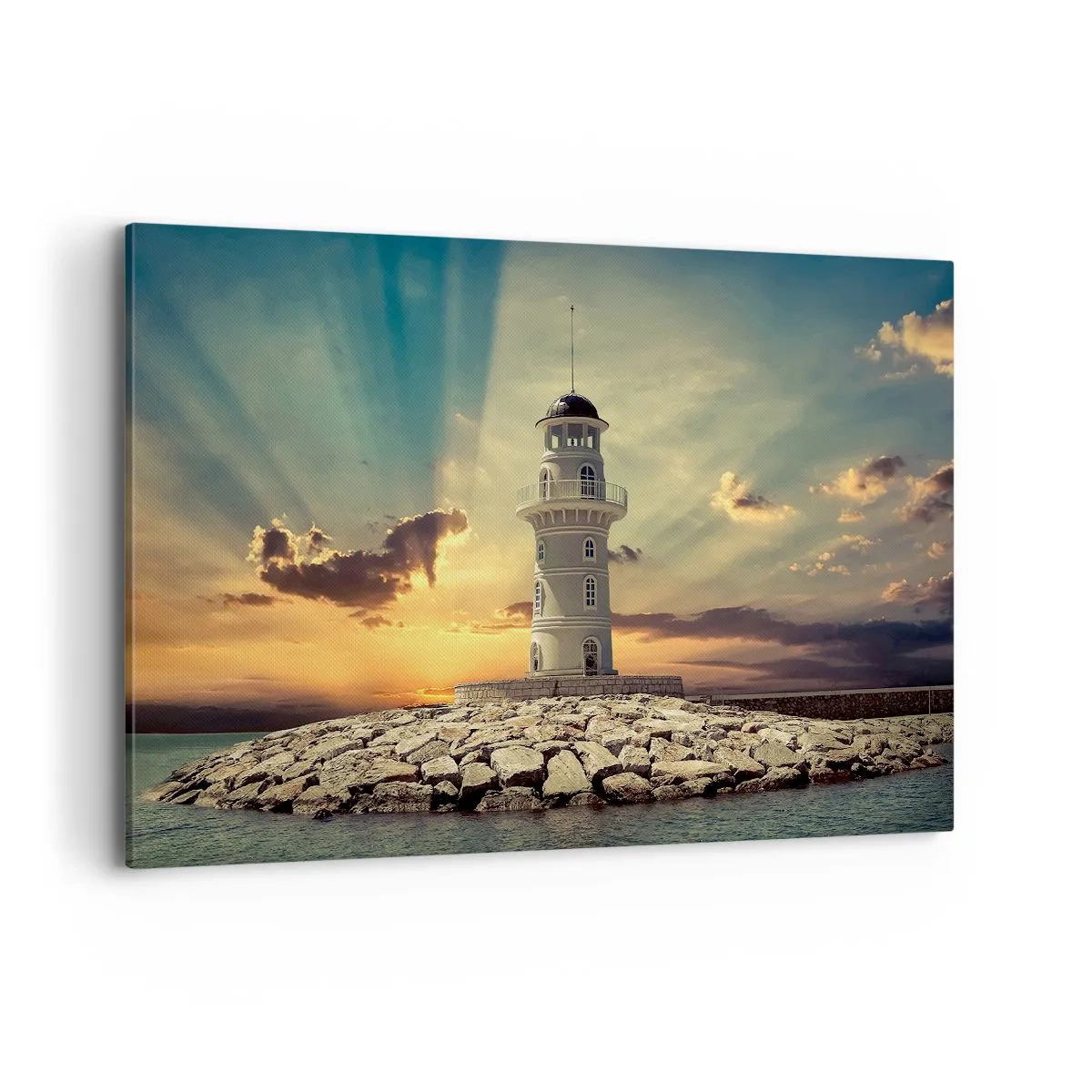 Cuadro sobre lienzo - Impresión de Imagen - Un faro al atardecer contra el cielo. - 120x80cm - Luz - Bondad - Belleza - Decoración de pared moderna para salón y dormitorio ARTTOR