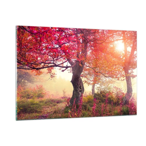 Cuadro sobre vidrio - Impresiones sobre Vidrio - Bosque otoñal con rayos de sol por la mañana. - 120x80cm - Un frenesí de floración - Decoración de pared moderna para salón y dormitorio ARTTOR