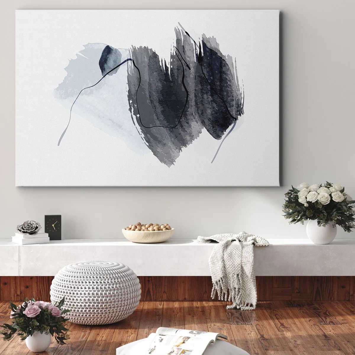 Cuadro sobre lienzo - Impresión de Imagen - Composición abstracta en tonos grises y azules. - 70x50cm - Intensidad y movimiento - Decoración de pared moderna para salón y dormitorio ARTTOR