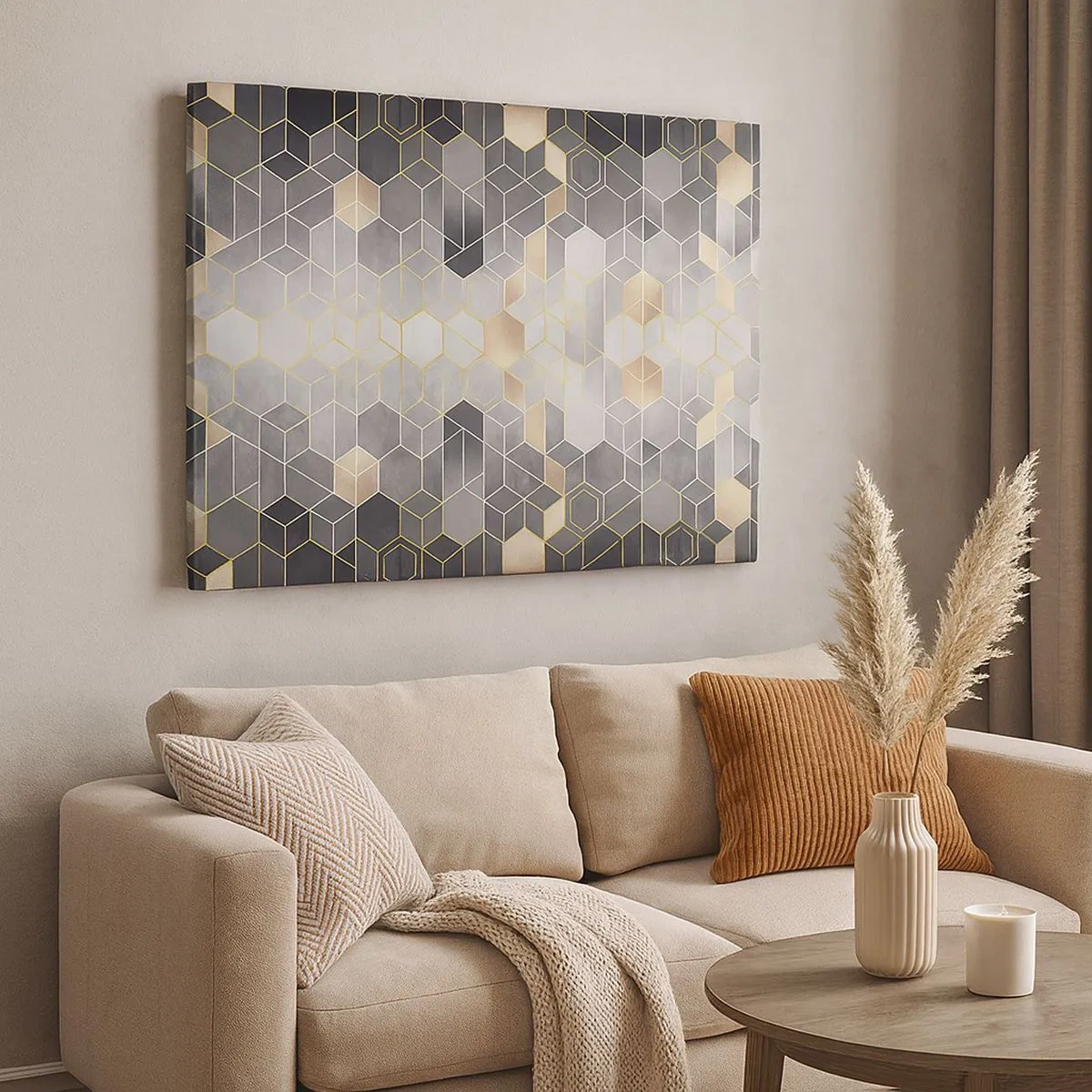 Cuadro sobre lienzo - Impresión de Imagen - Patrón geométrico en tonos dorados - 70x50cm - Composición de diamantes - Decoración de pared moderna para salón y dormitorio ARTTOR