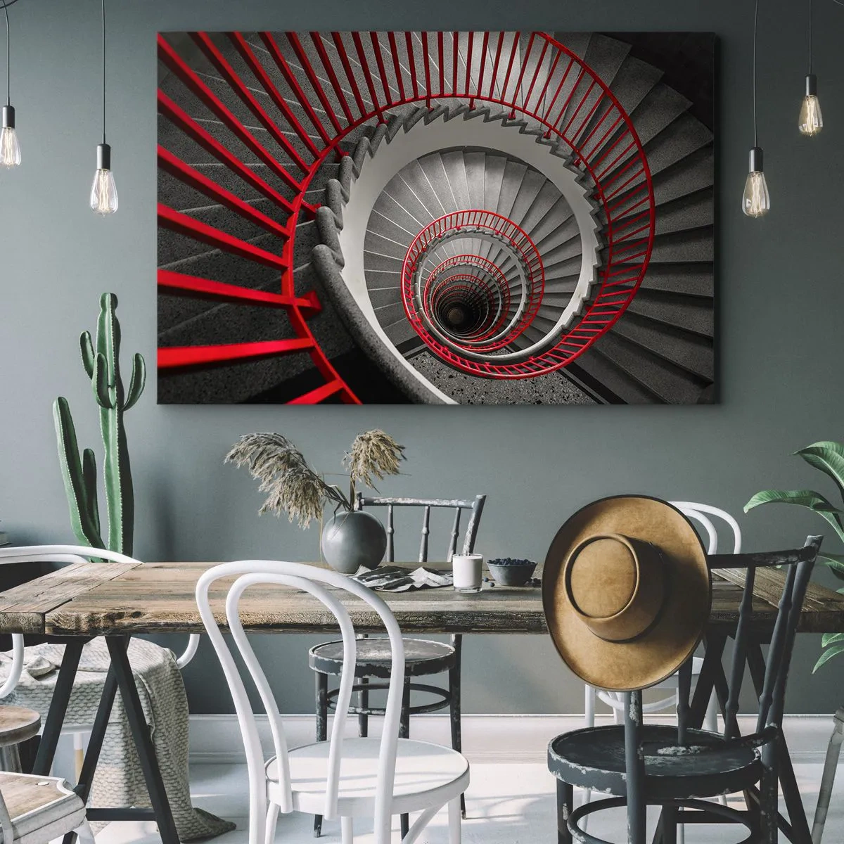 Cuadro sobre lienzo - Impresión de Imagen - Escalera de caracol con pasamanos rojos en perspectiva dinámica. - 70x50cm - Juegos arquitectónicos - Decoración de pared moderna para salón y dormitorio ARTTOR