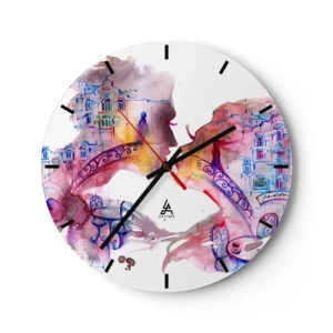 Reloj de pared - Reloj de vidrio - Gráfico colorido con un puente y arquitectura al fondo. - 30x30cm - Un puente secreto de suspiros - Decoración de pared moderna para salón, cocina y dormitorio ARTTOR