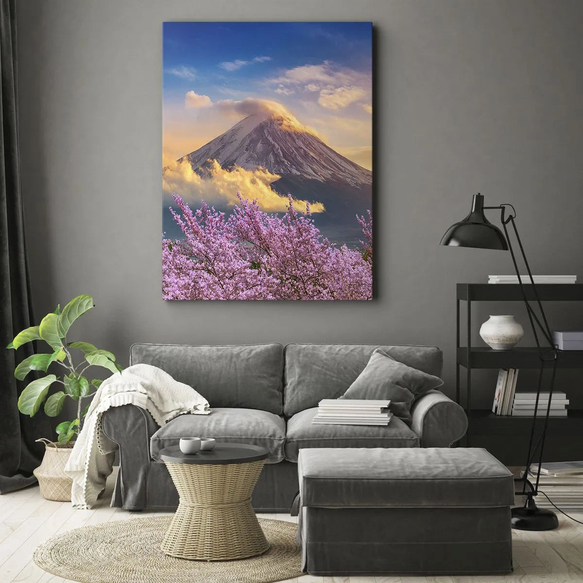 Cuadro sobre lienzo - Impresión de Imagen - Monte Fuji con flores de cerezo al fondo al atardecer - 50x70cm - La santidad japonesa - Decoración de pared moderna para salón y dormitorio ARTTOR