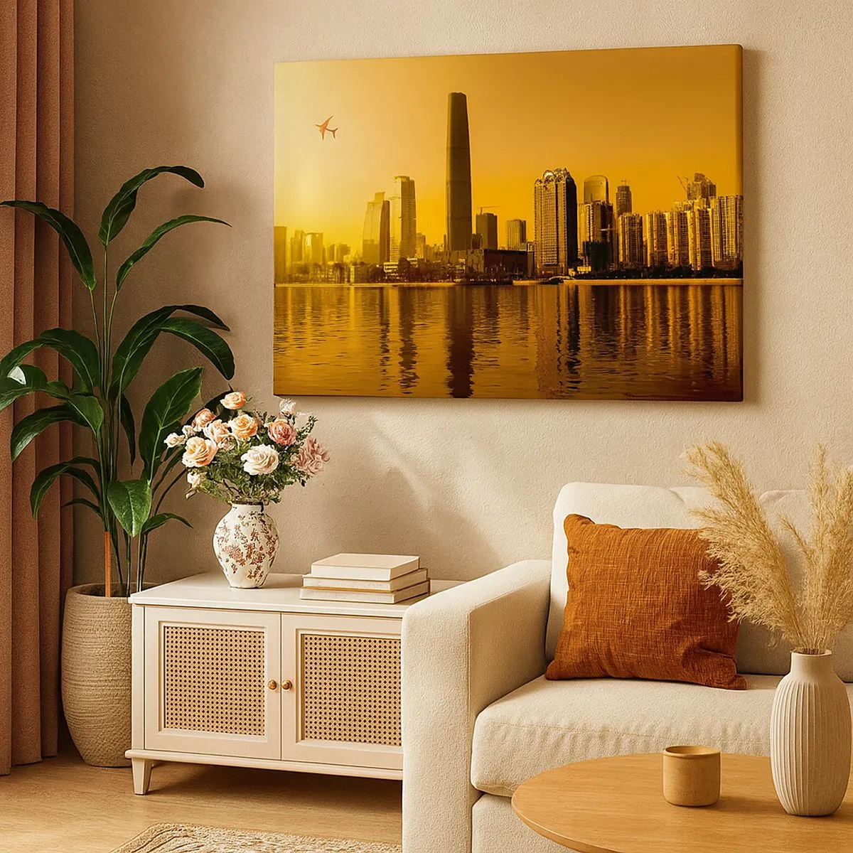 Cuadro sobre lienzo - Impresión de Imagen - Panorama de la ciudad al atardecer con rascacielos y un avión. - 70x50cm - La ciudad dorada - Decoración de pared moderna para salón y dormitorio ARTTOR