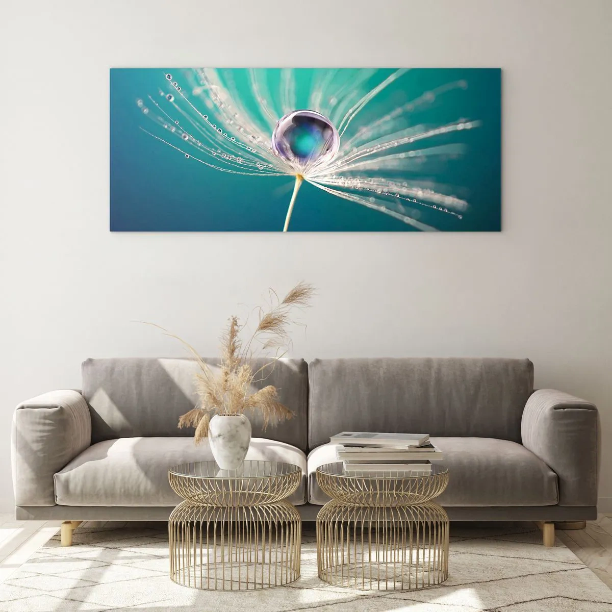 Cuadro sobre vidrio - Impresiones sobre Vidrio - Macro de una gota de agua sobre una delicada semilla de diente de león. - 120x50cm - Momento místico - Decoración de pared moderna para salón y dormitorio ARTTOR