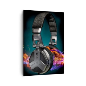 Cuadro sobre lienzo - Impresión de Imagen - Auriculares negros con un efecto de visualización de música colorido. - 70x100cm - En el fuego de la música - Decoración de pared moderna para salón y dormitorio ARTTOR